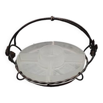 Art Deco server in wrought iron and frosted glass Vine leaves circa 1930