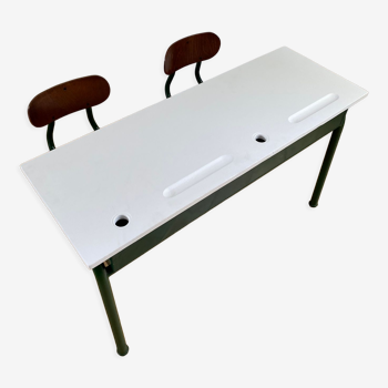 Double vintage school desk painted green and white