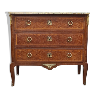 Commode marqueterie style transition pieds galbés avec dessus en marbre