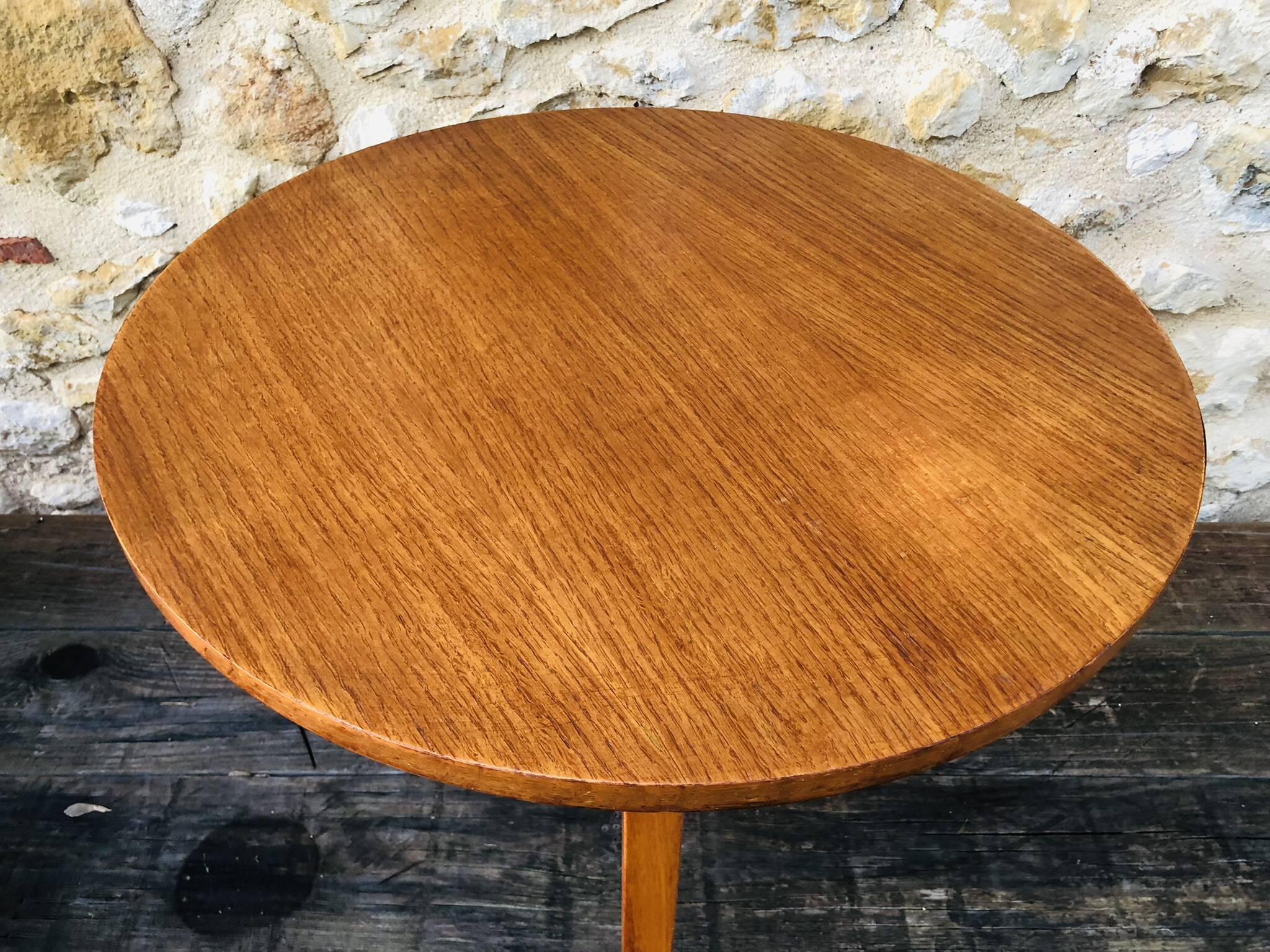 Vintage round coffee table, oak tripod legs circa 60