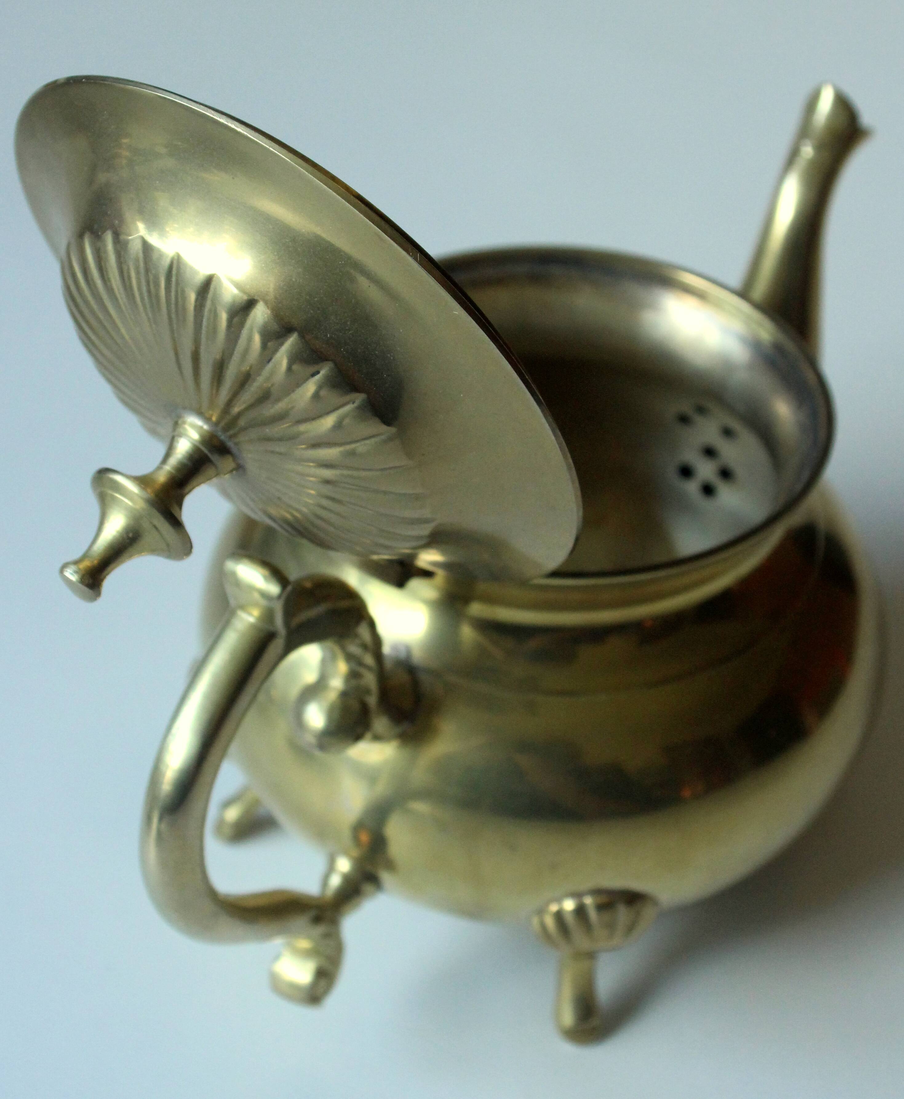 Metal teapot gold plated, inside silver plated, with milk pot and sugar bowl as a set, vintage