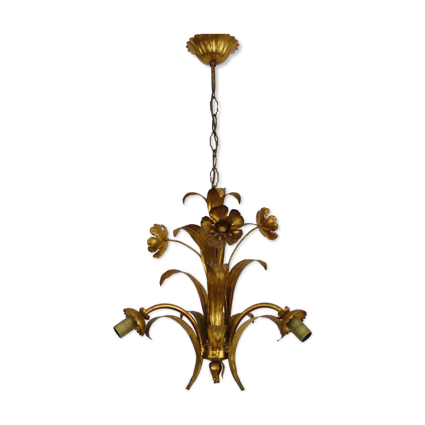 Vintage Masca chandelier in aged golden metal and golden flower