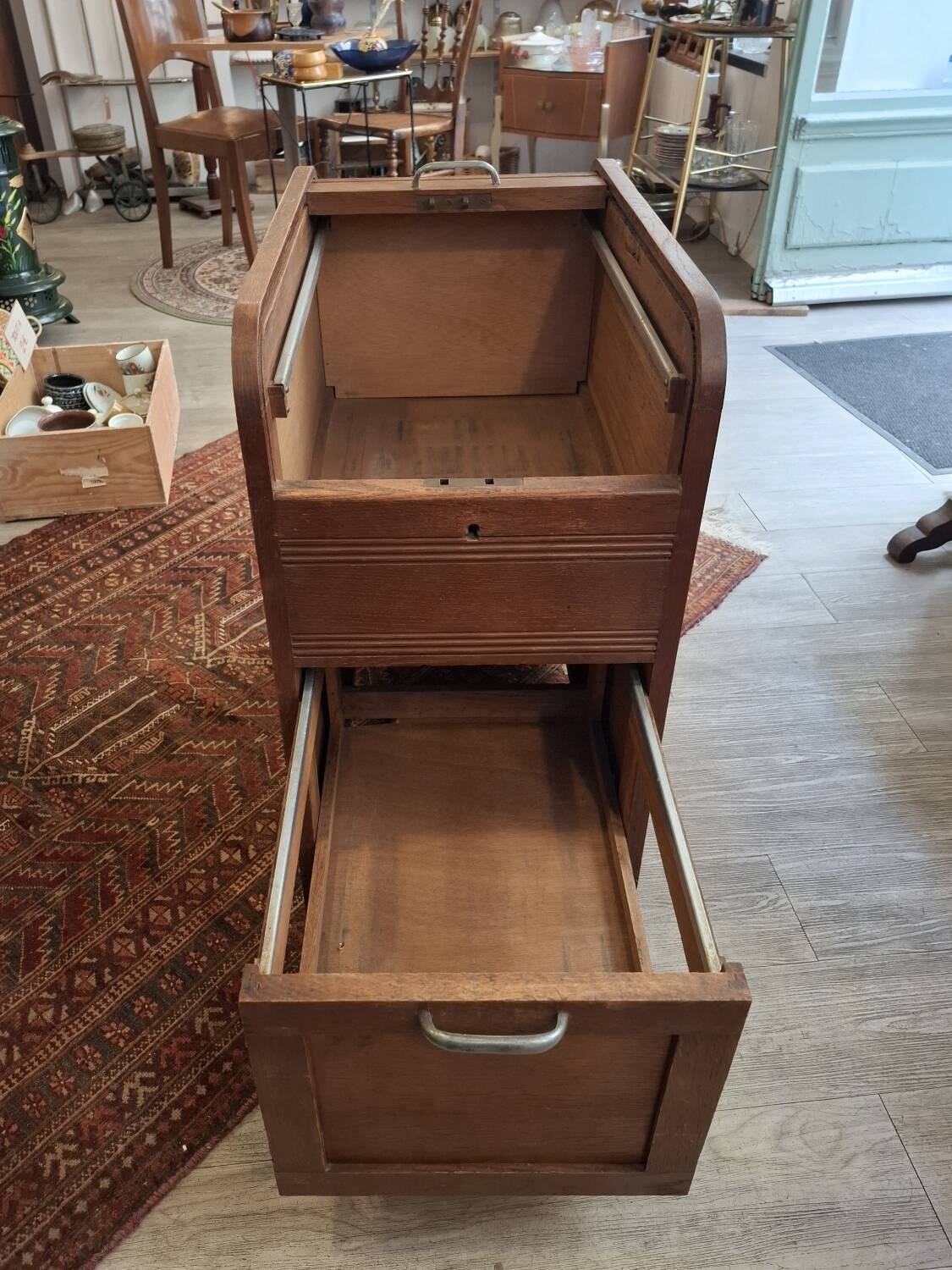 Cartonier filing cabinet with curtain in solid oak 1930