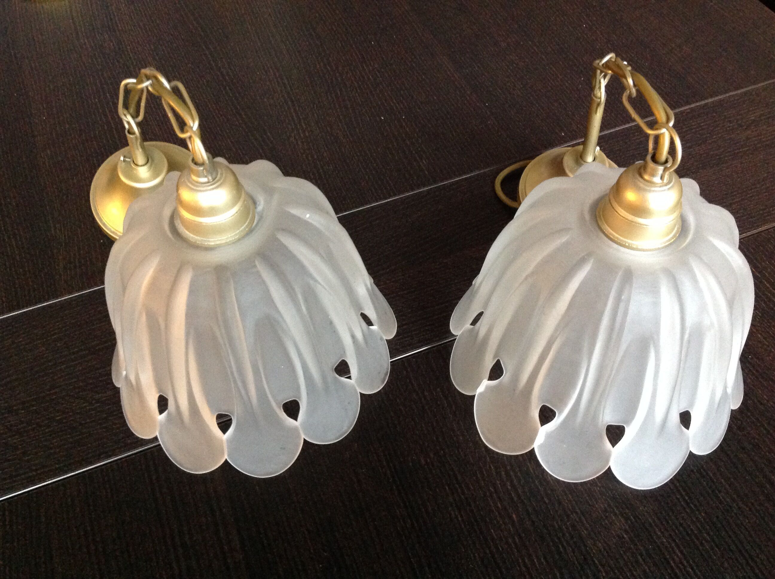 Pair of pendant lamps bell in frosted glass style art deco