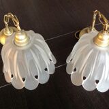 Pair of pendant lamps bell in frosted glass style art deco