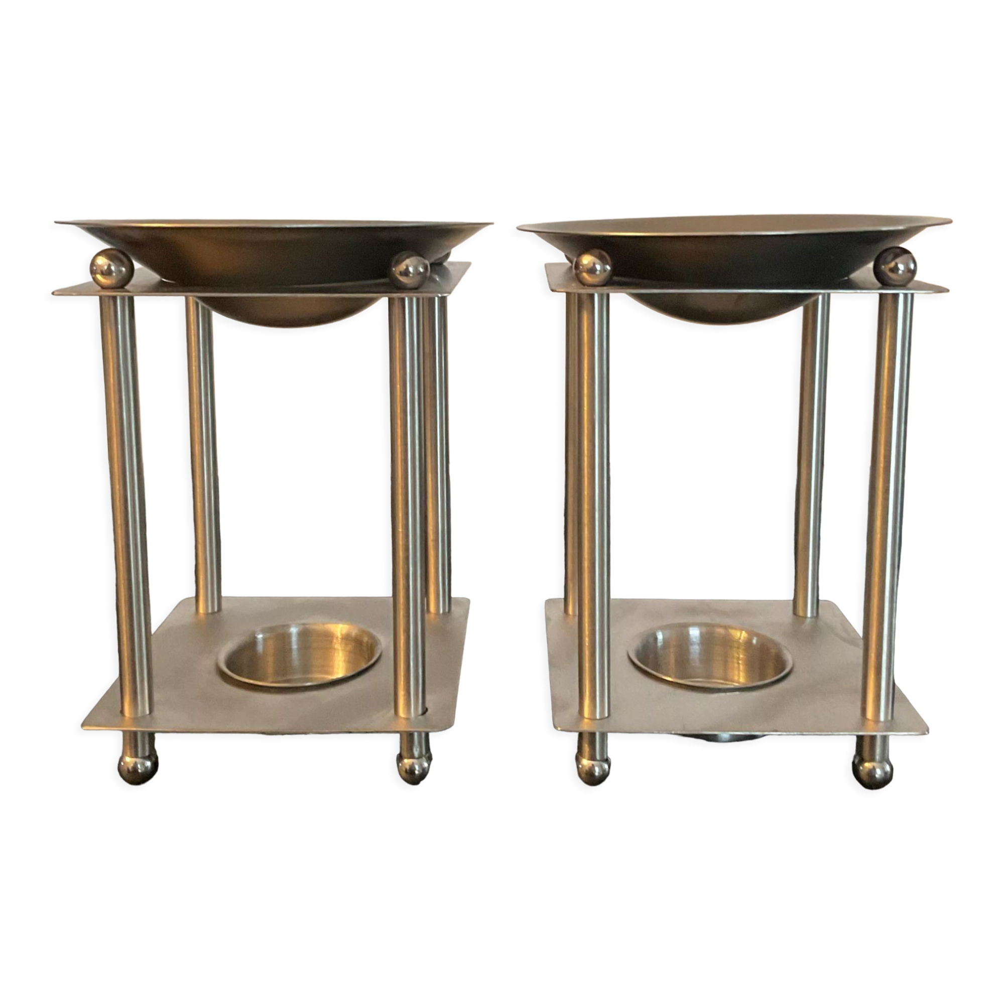 Pair of candlesticks/burner modernist perfume in chromed metal
