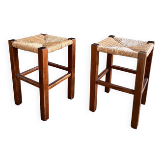 Pair of wooden and straw stools