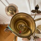 Set of chandelier and 2 wall lights in gold metal and glass roses