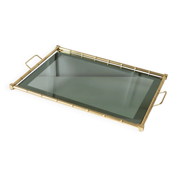 Plateau vintage en bambou doré - plaqué or avec verre fumé - design bambou - Hollywood Regency - années 1960