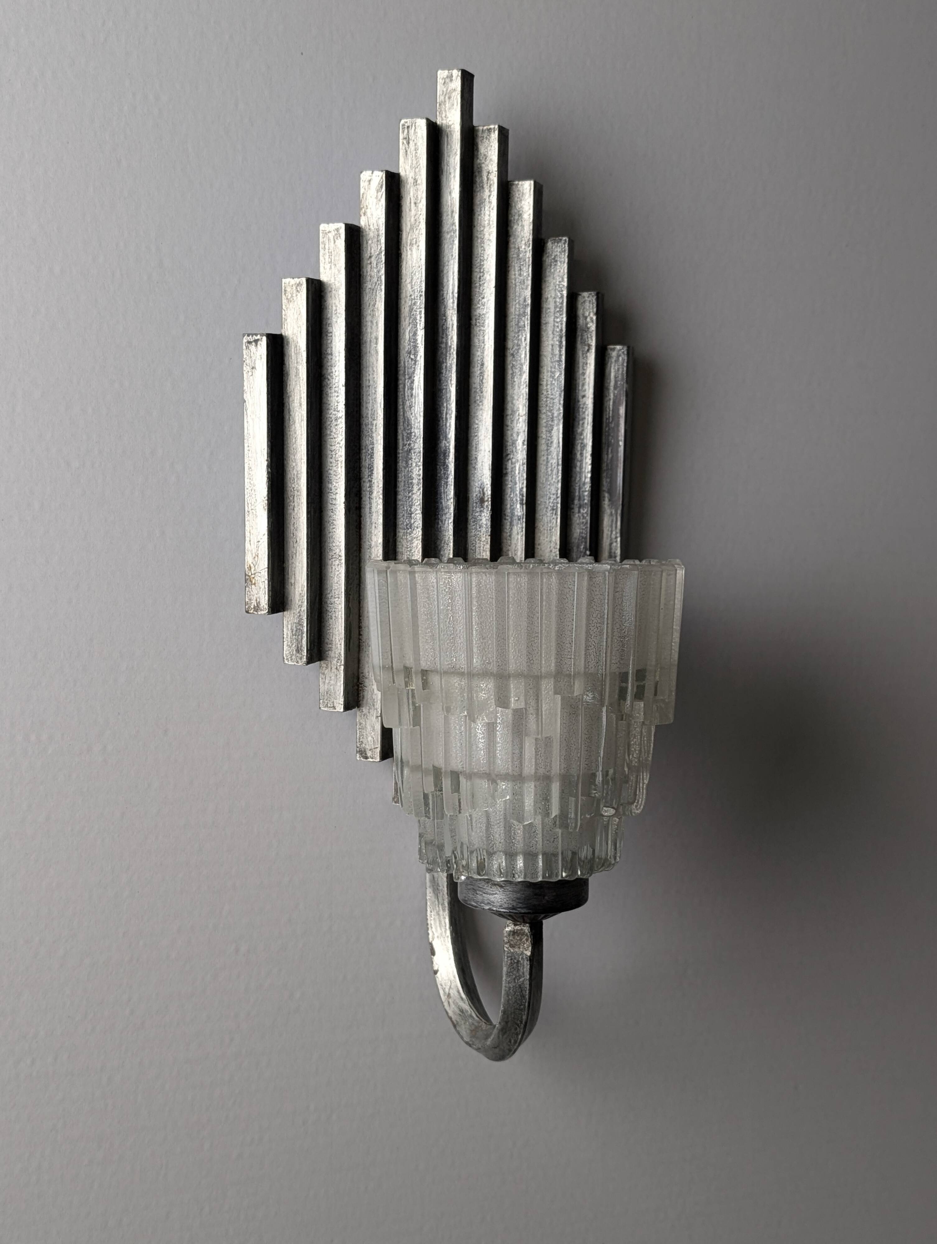 Pair of Ferro Art Iron and Glass Wall Sconces Art Deco Style 1970s