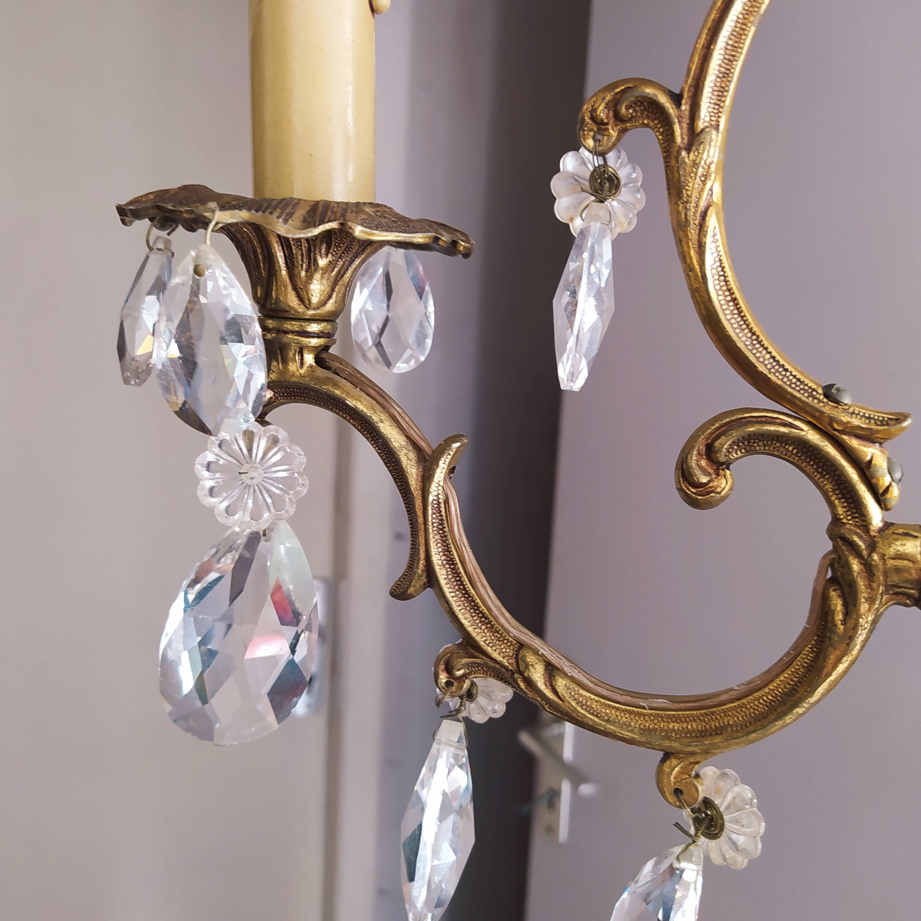 Louis xv bronze chandelier with crystal pendants 3 lights