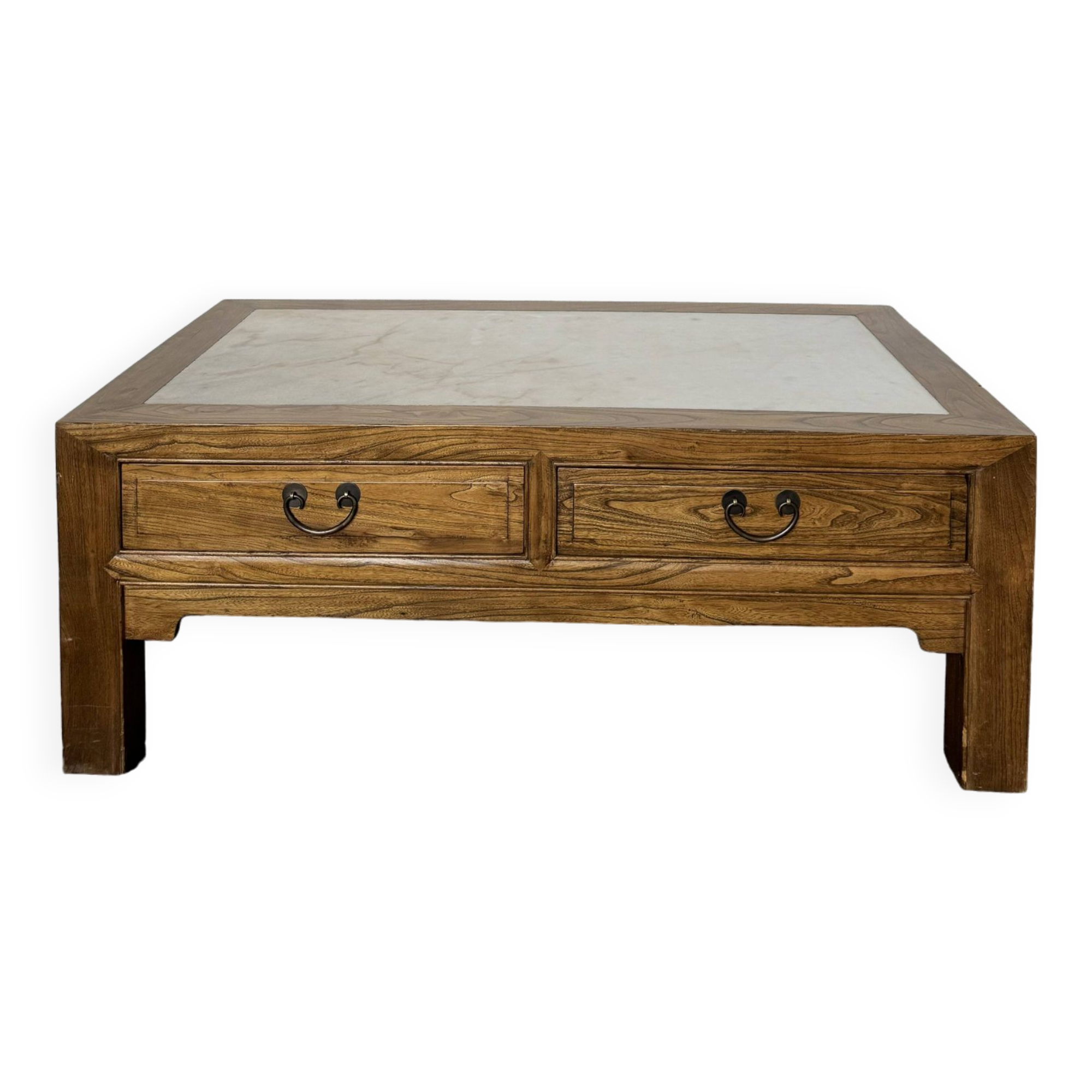 Table basse vintage en bois (chêne massif) et marbre