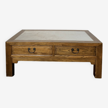 Table basse vintage en bois (chêne massif) et marbre