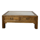 Table basse vintage en bois (chêne massif) et marbre