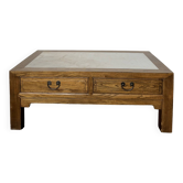 Table basse vintage en bois (chêne massif) et marbre