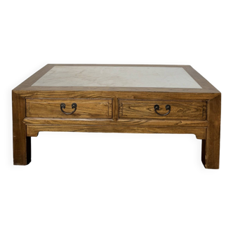 Table basse vintage en bois (chêne massif) et marbre