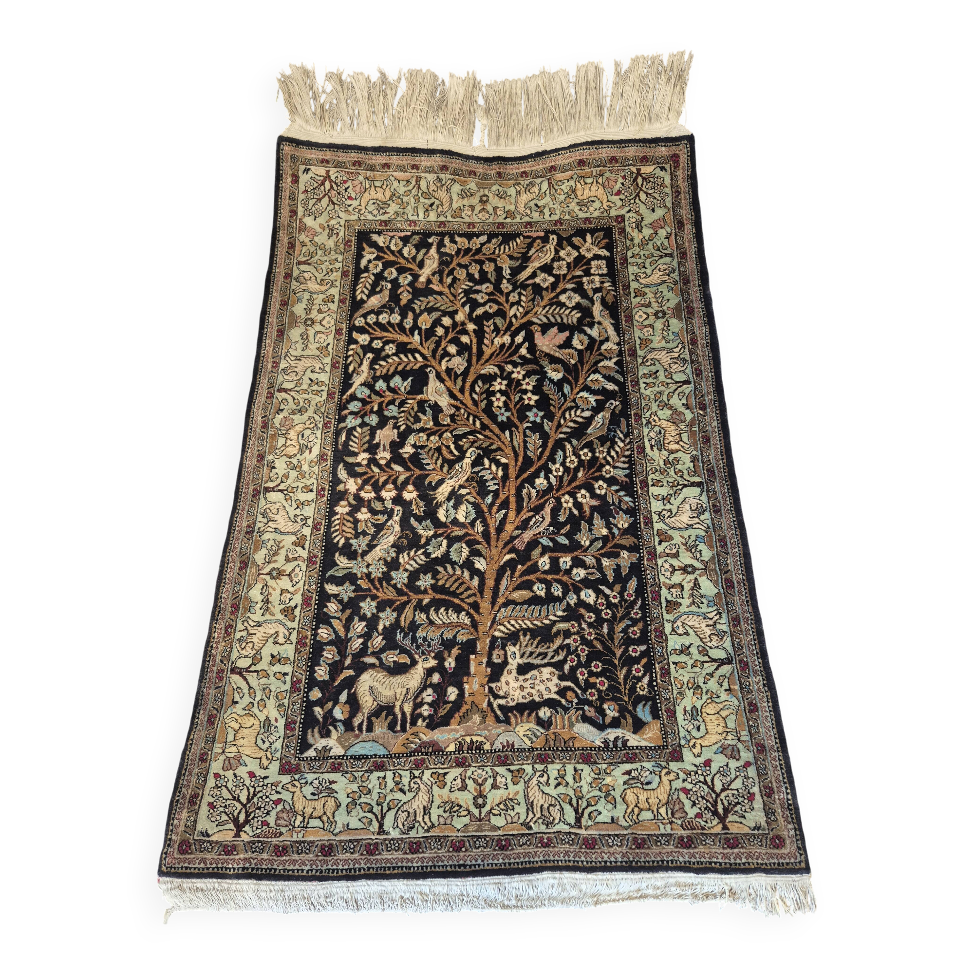 Persian Qom Silk on Silk 80x130 - Tree of Life Black and Gold - Very Fine