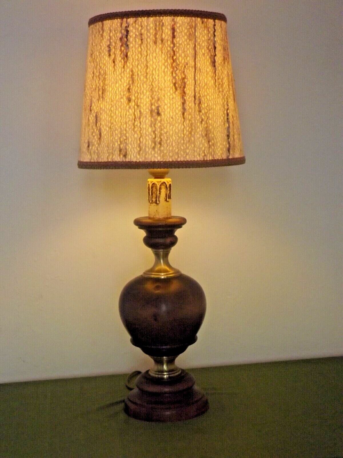 French Mid Century Round Lamp in Turned Wood and Gold Metal Beige Fabric Shade 3625