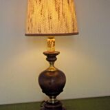 French Mid Century Round Lamp in Turned Wood and Gold Metal Beige Fabric Shade 3625
