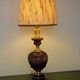 French Mid Century Round Lamp in Turned Wood and Gold Metal Beige Fabric Shade 3625