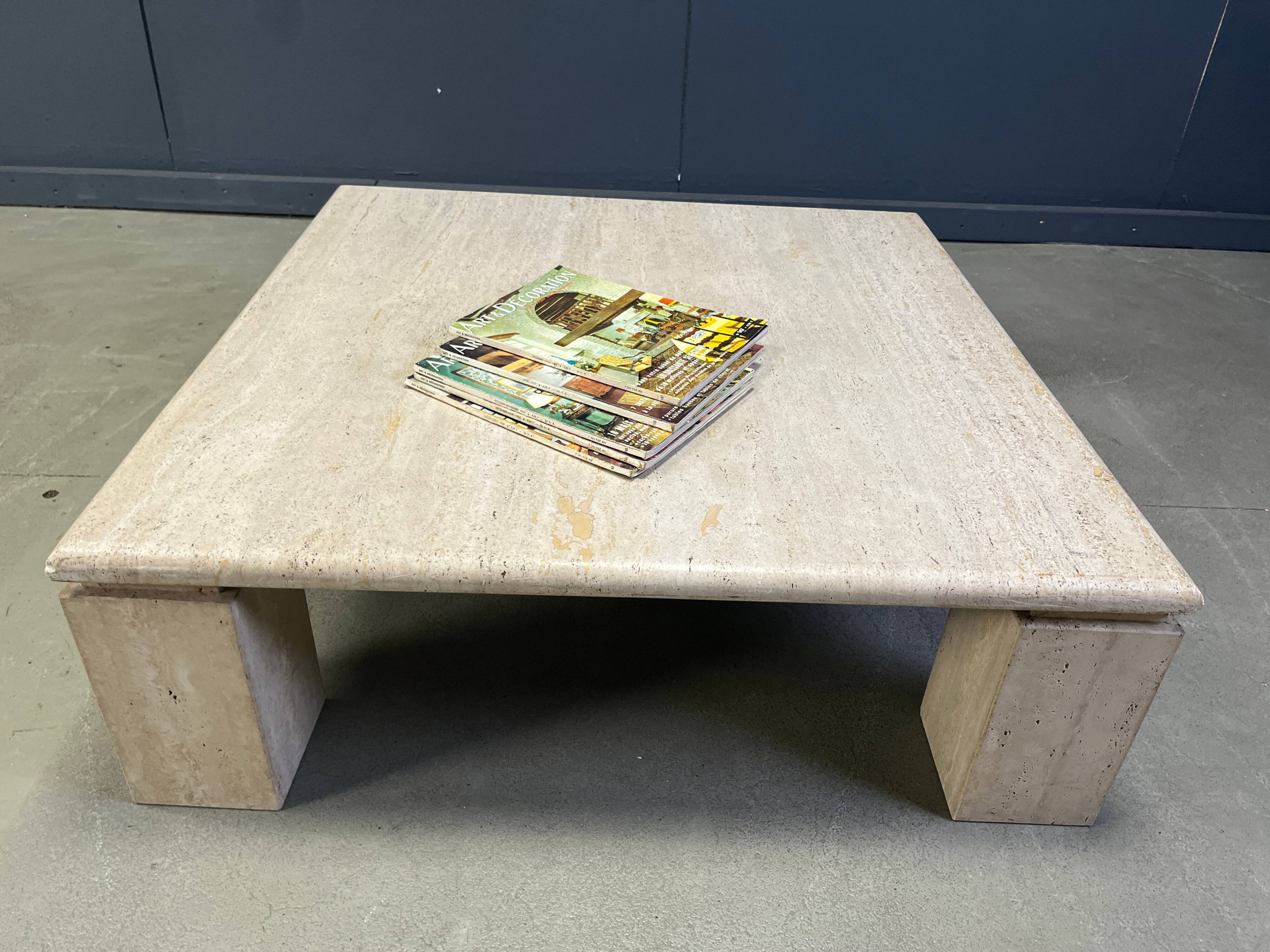 Vintage square four legged travertine coffee table, 1970s