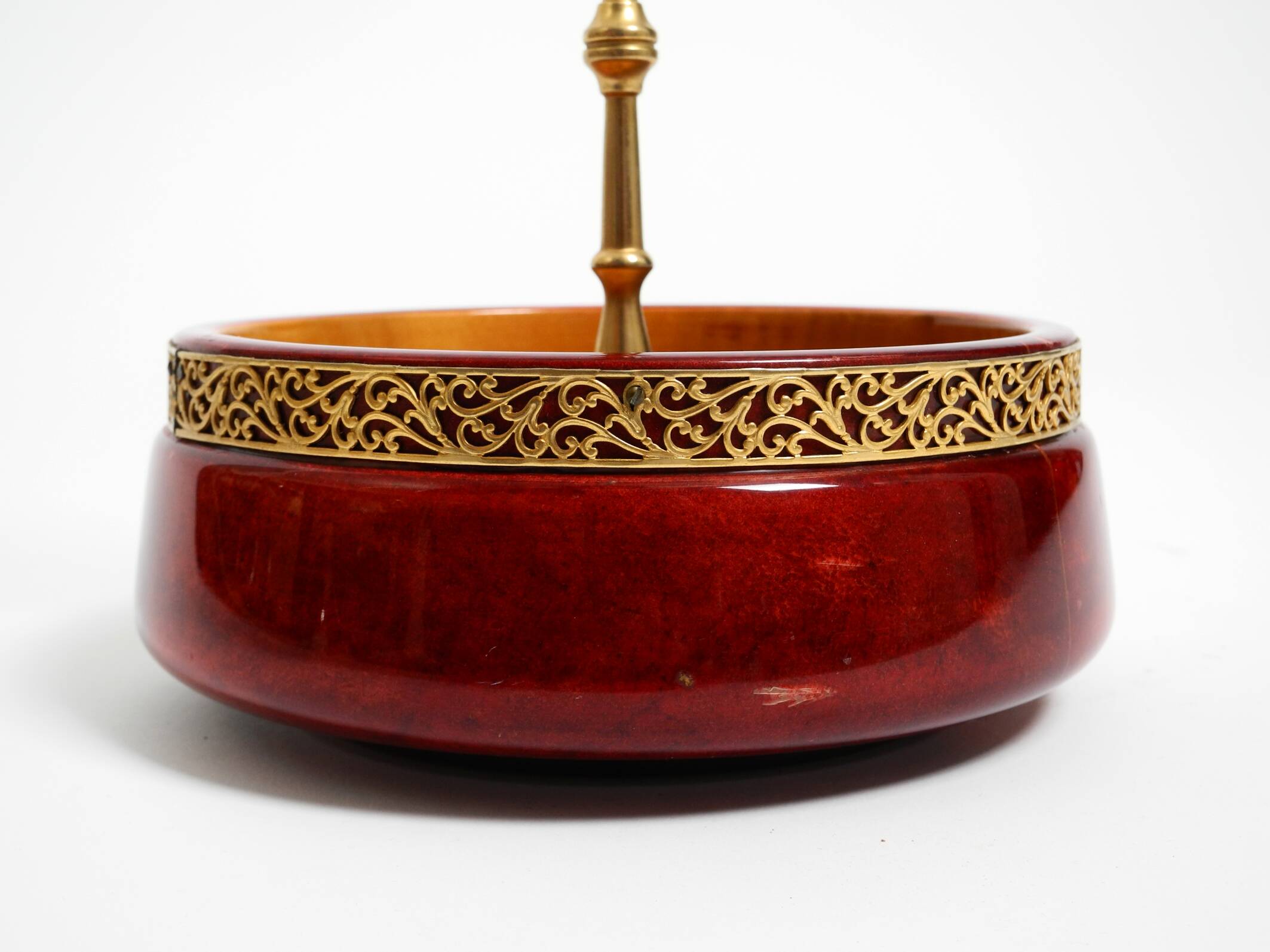 Beautiful 1960s nut bowl by Aldo Tura made of red goatskin and brass