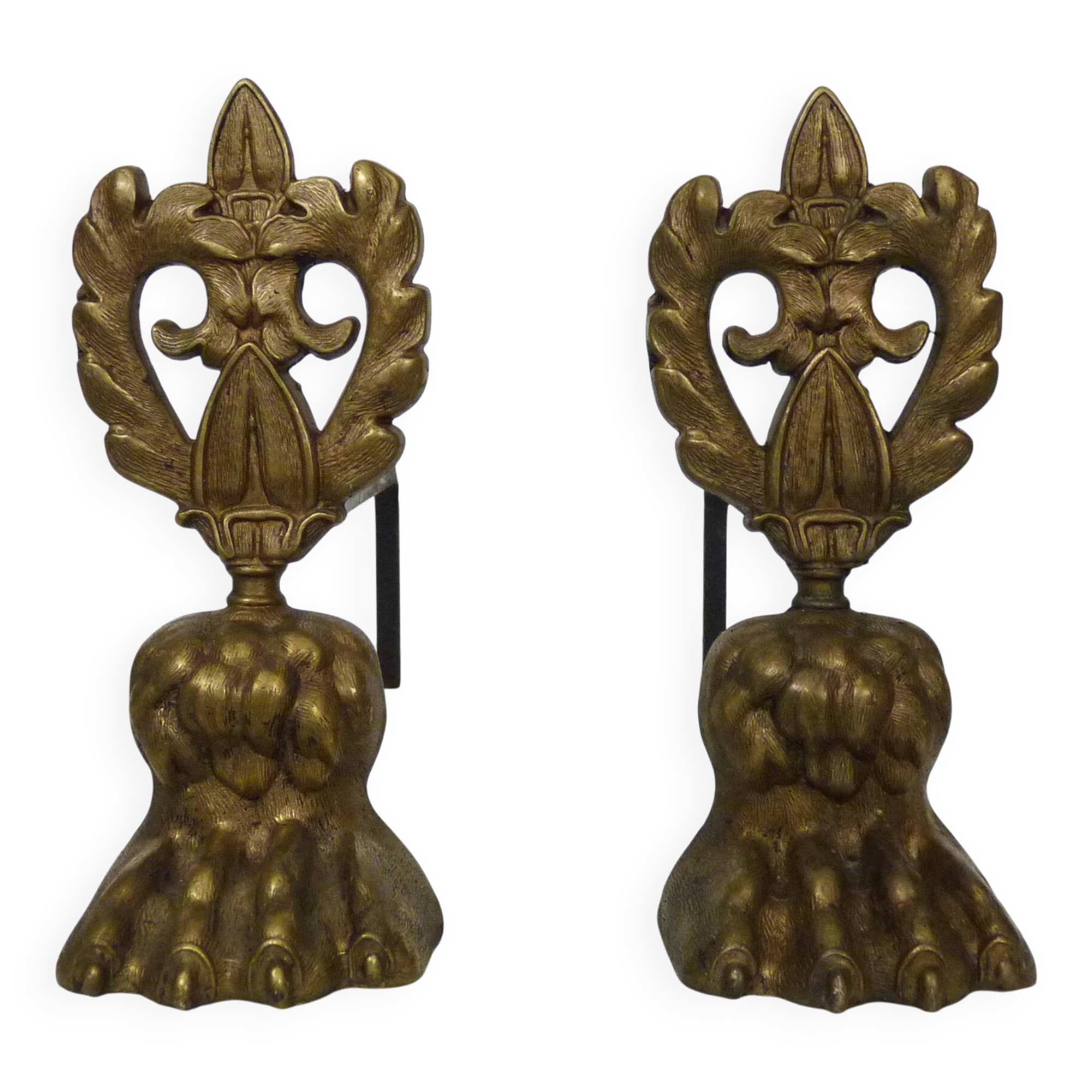 Pair of bronze fire dogs with lion paws. Early 20th century.