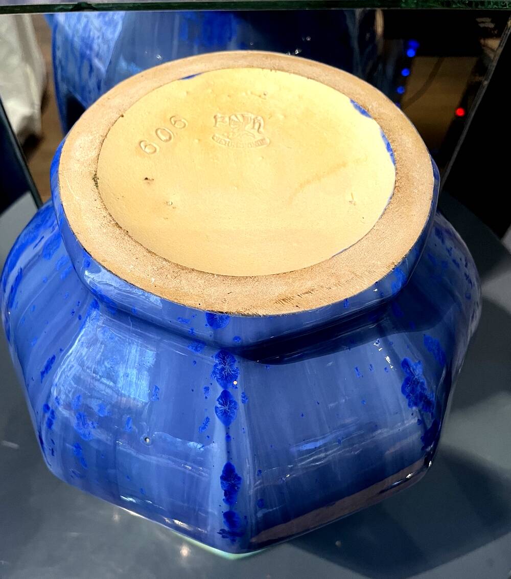 Grand vase forme amphore en gres de pierrefonds a couleur bleue et verte
