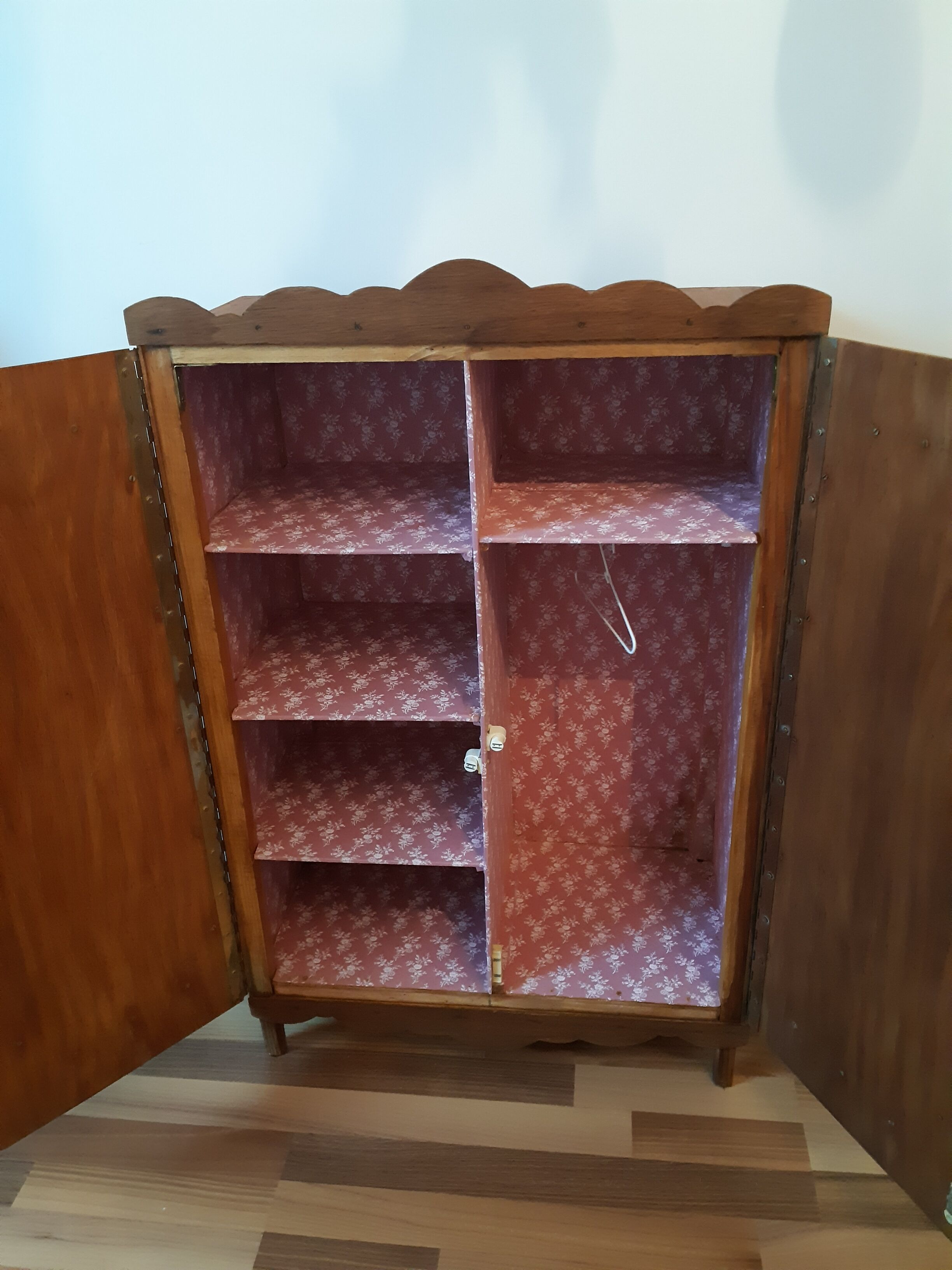 Handcrafted wooden doll cabinet, vintage French 50s