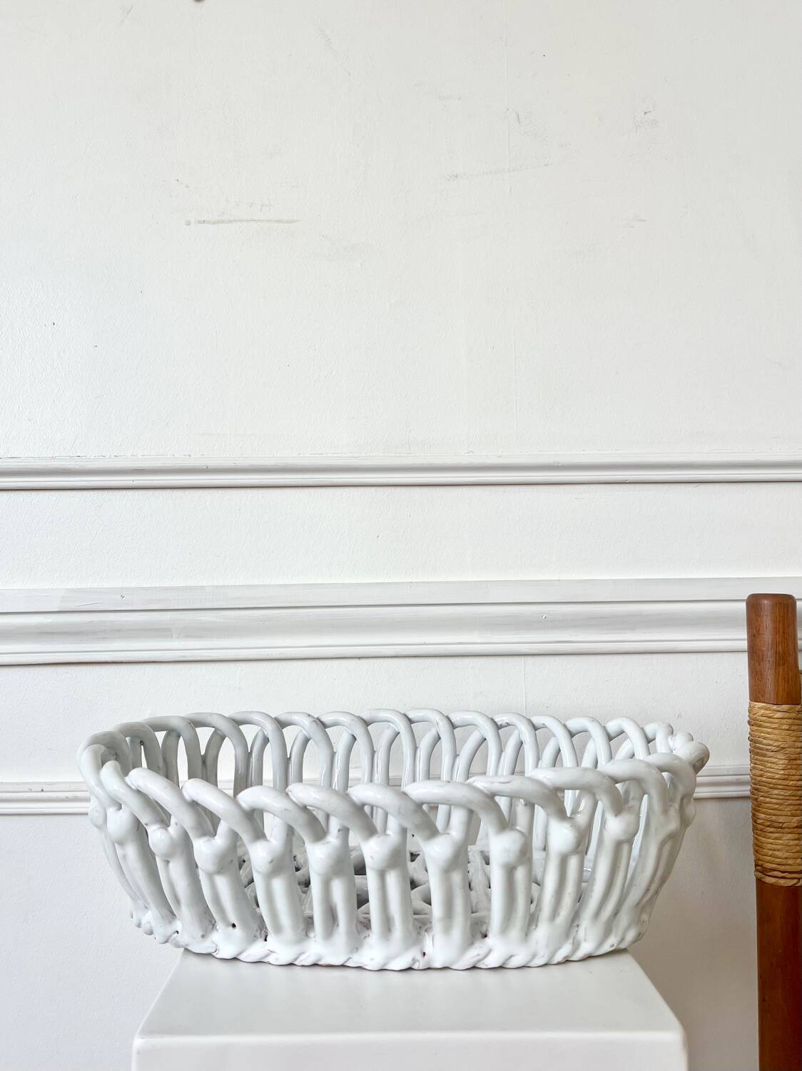 Woven white ceramic fruit bowl