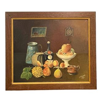 Tableau encadré huile sur toile nature morte de J Thomas 1921