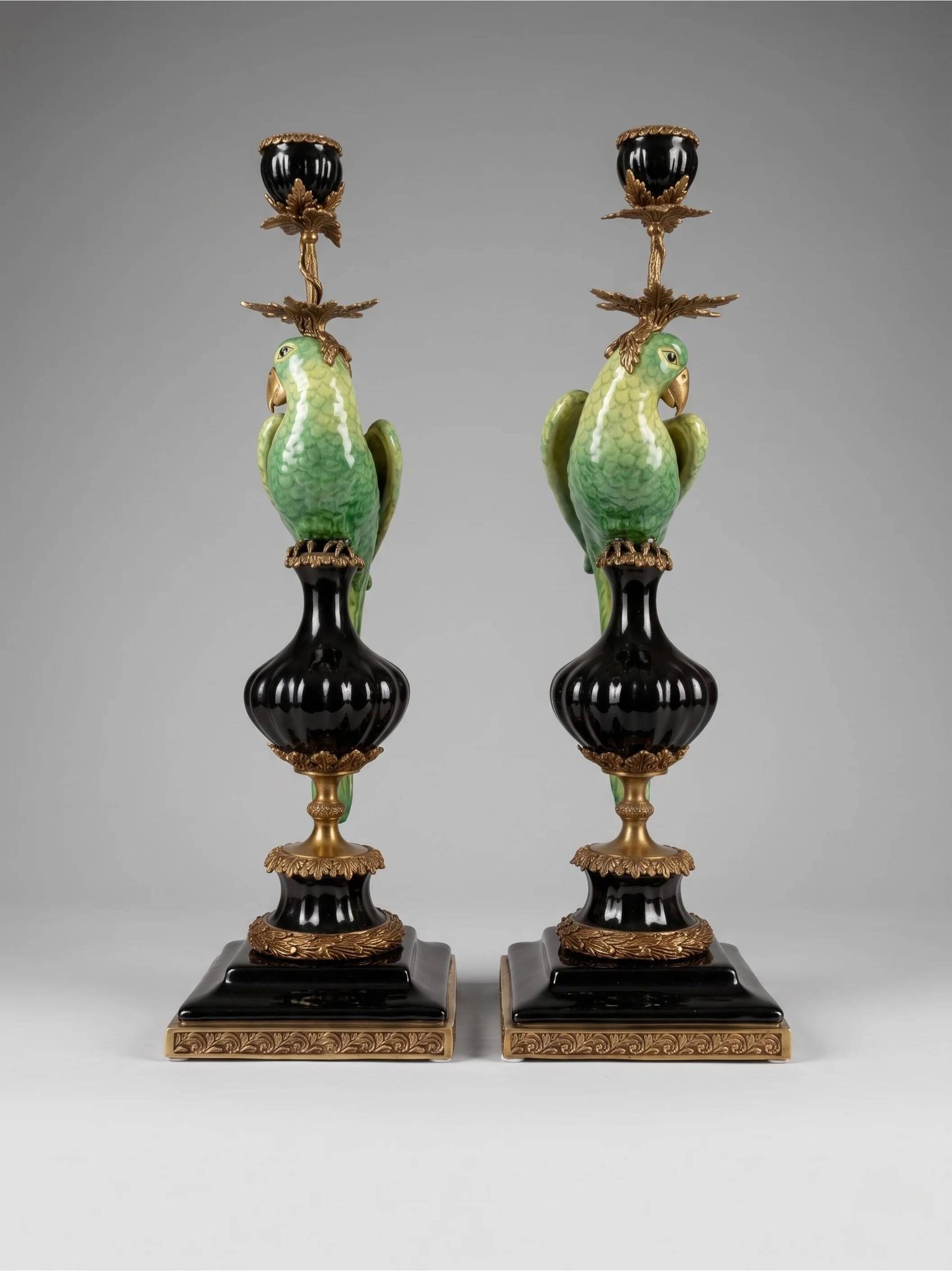 Pair of parrot candlesticks in porcelain and gilded bronze – Louis XVI style – 47 cm