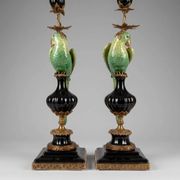 Pair of parrot candlesticks in porcelain and gilded bronze – Louis XVI style – 47 cm
