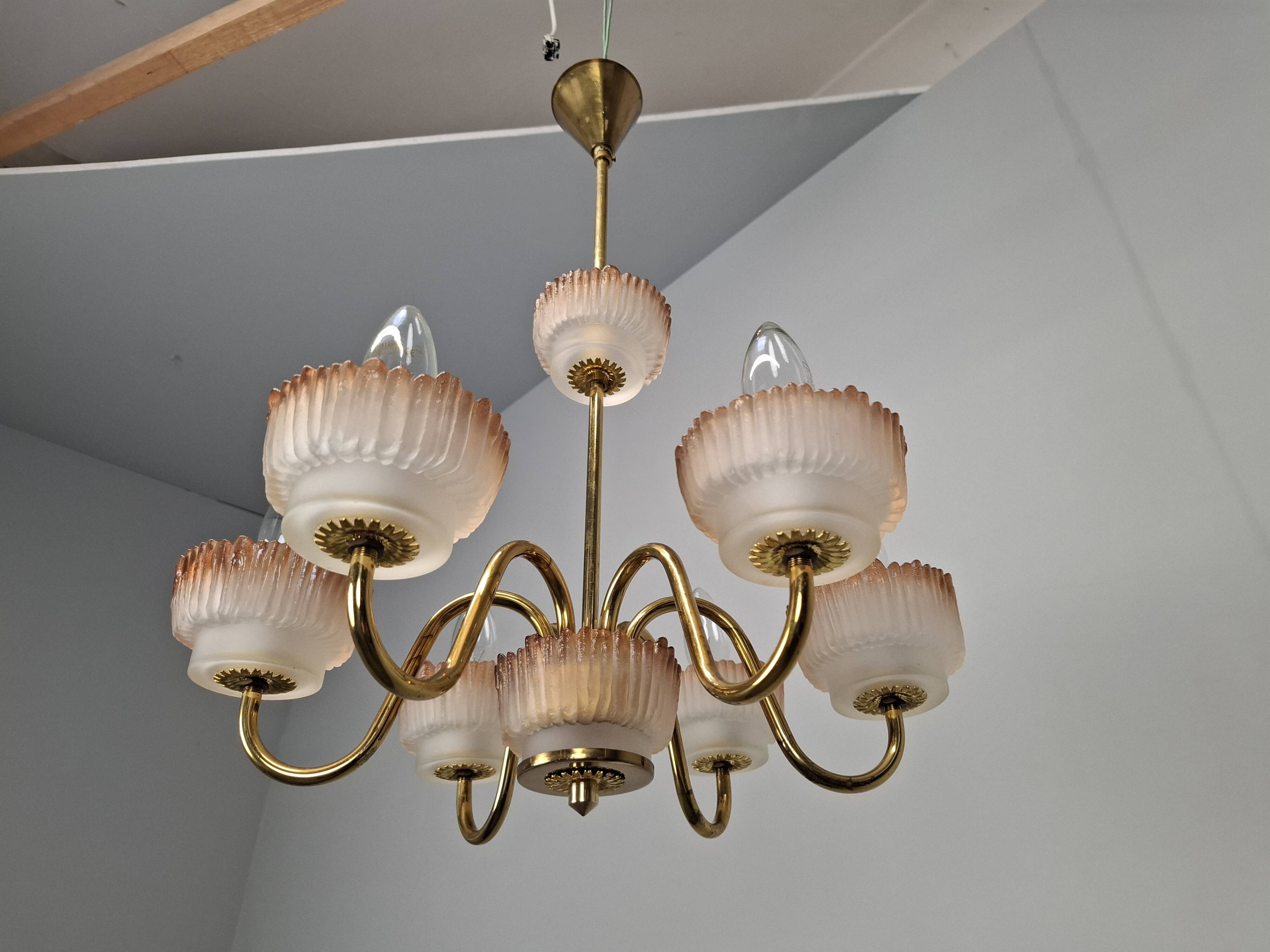 1960s Czech Mid-Century Brass and Železný Brod Frosted Glass Six-Arm Chandelier