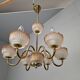 1960s Czech Mid-Century Brass and Železný Brod Frosted Glass Six-Arm Chandelier