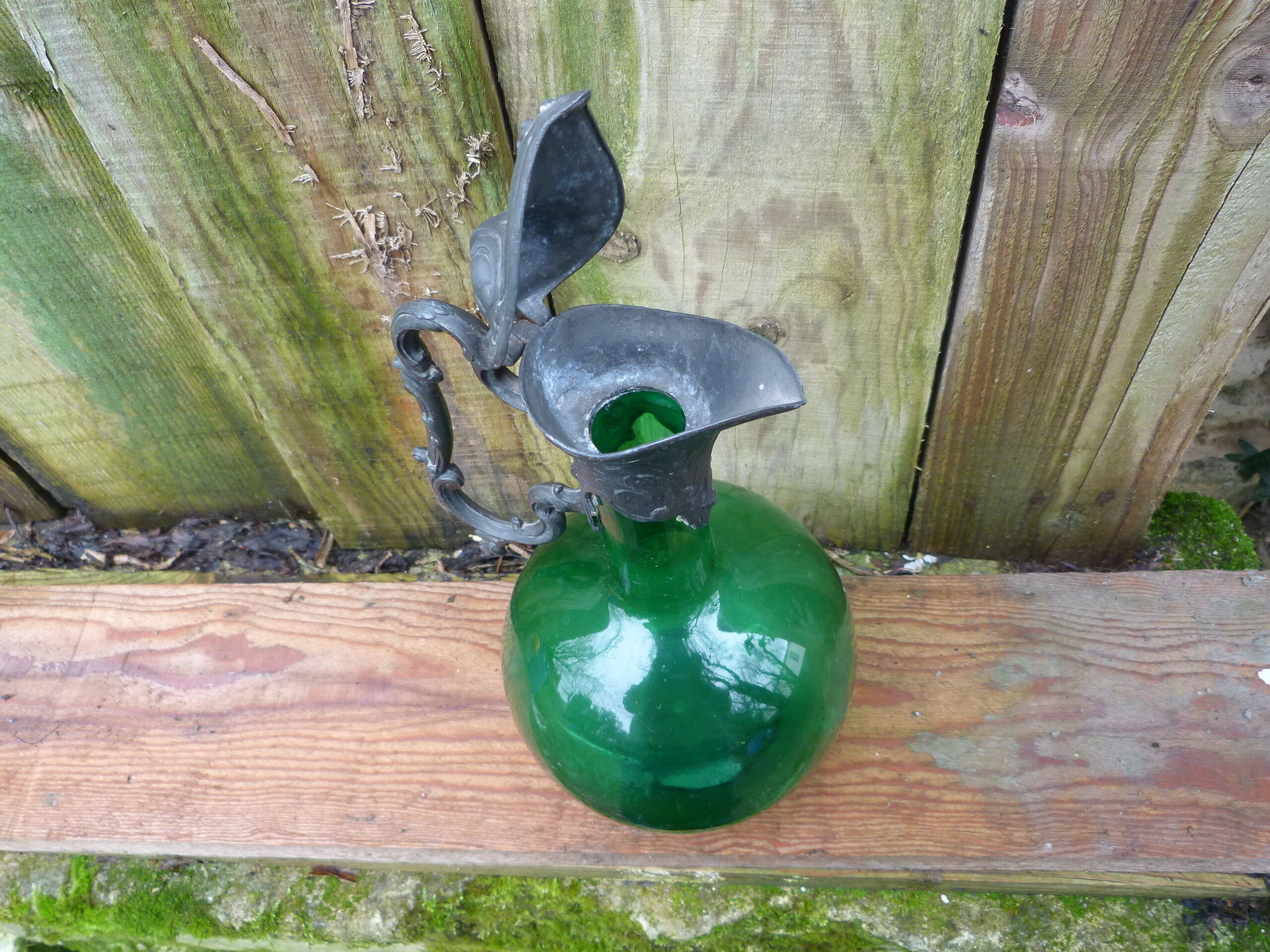 Napoleon III wine jug pitcher in souflé glass and pewter