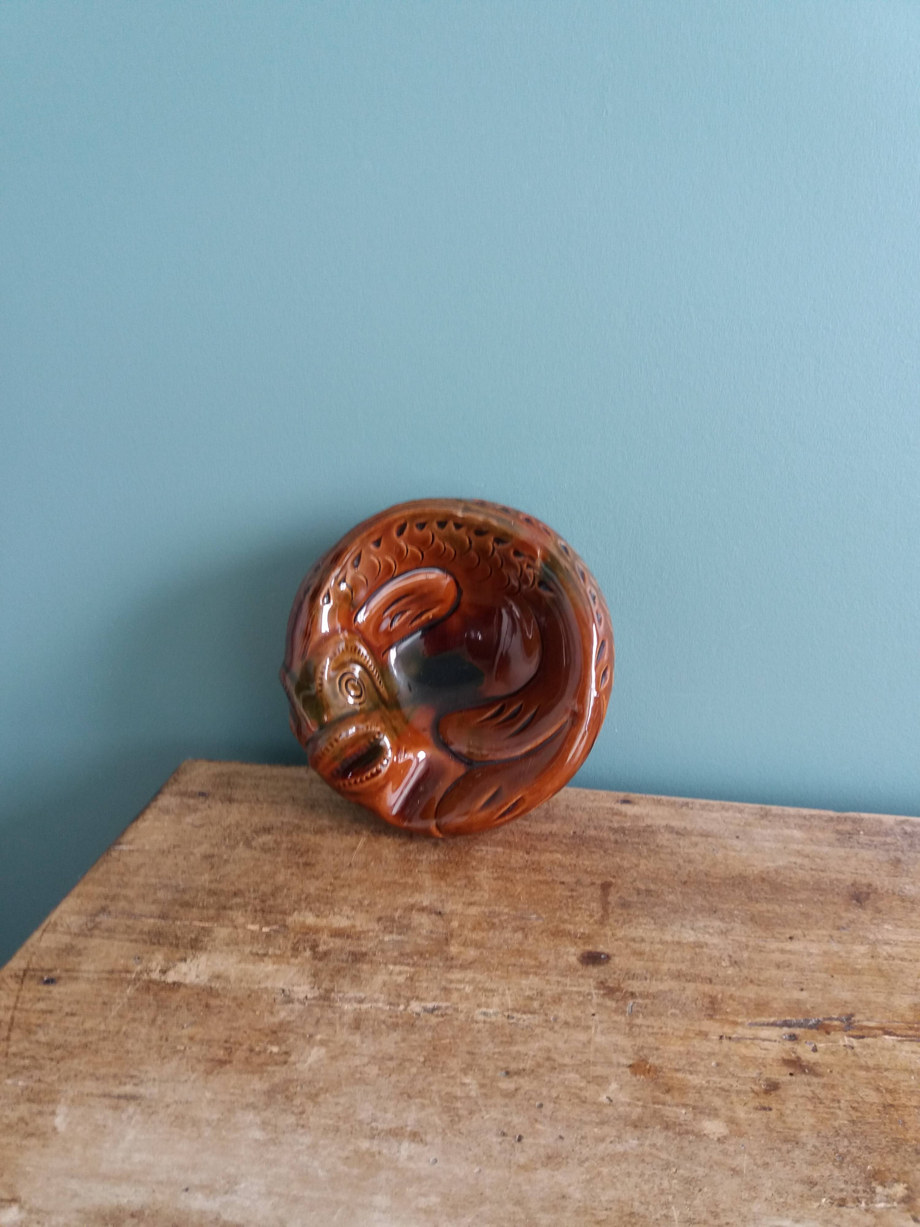Zoomorphic fish ashtray in glazed terracotta
