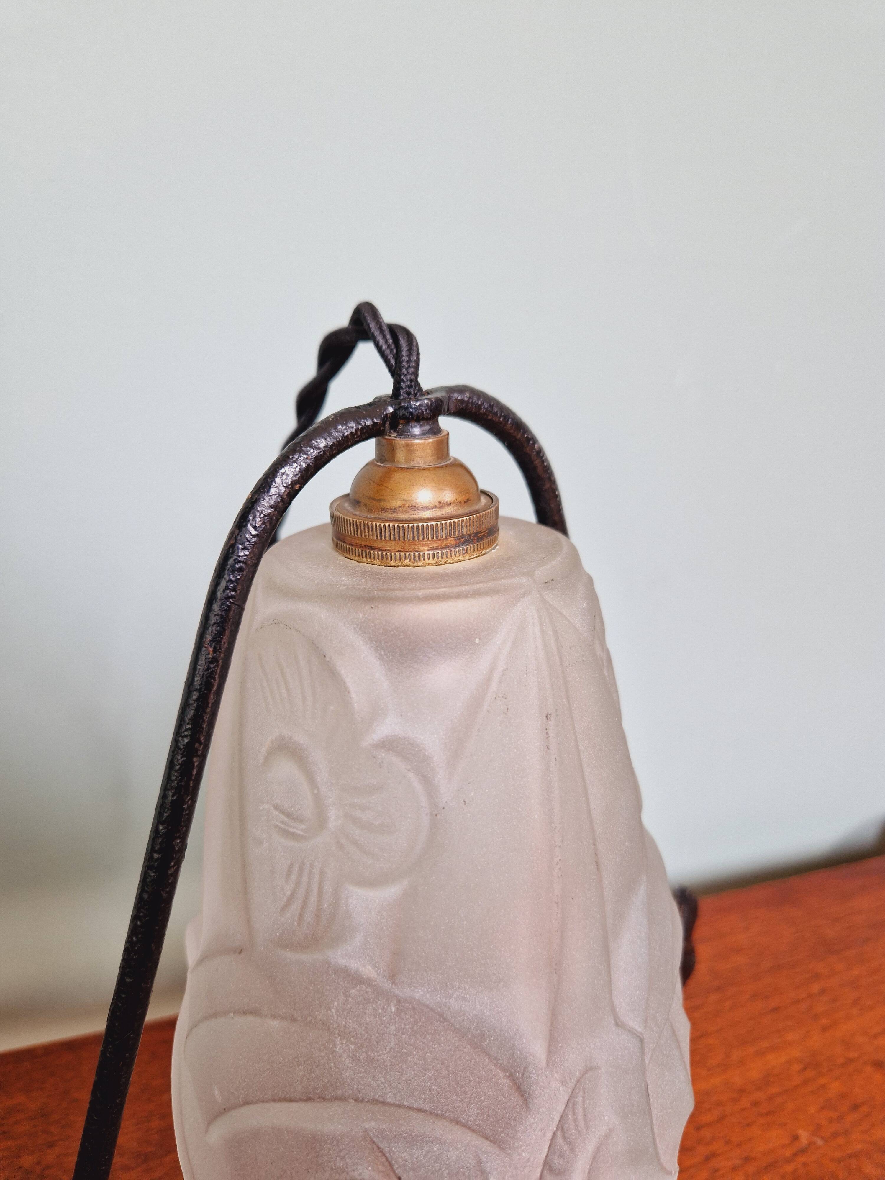Art Deco night light in wrought iron and satin glass signed Degué