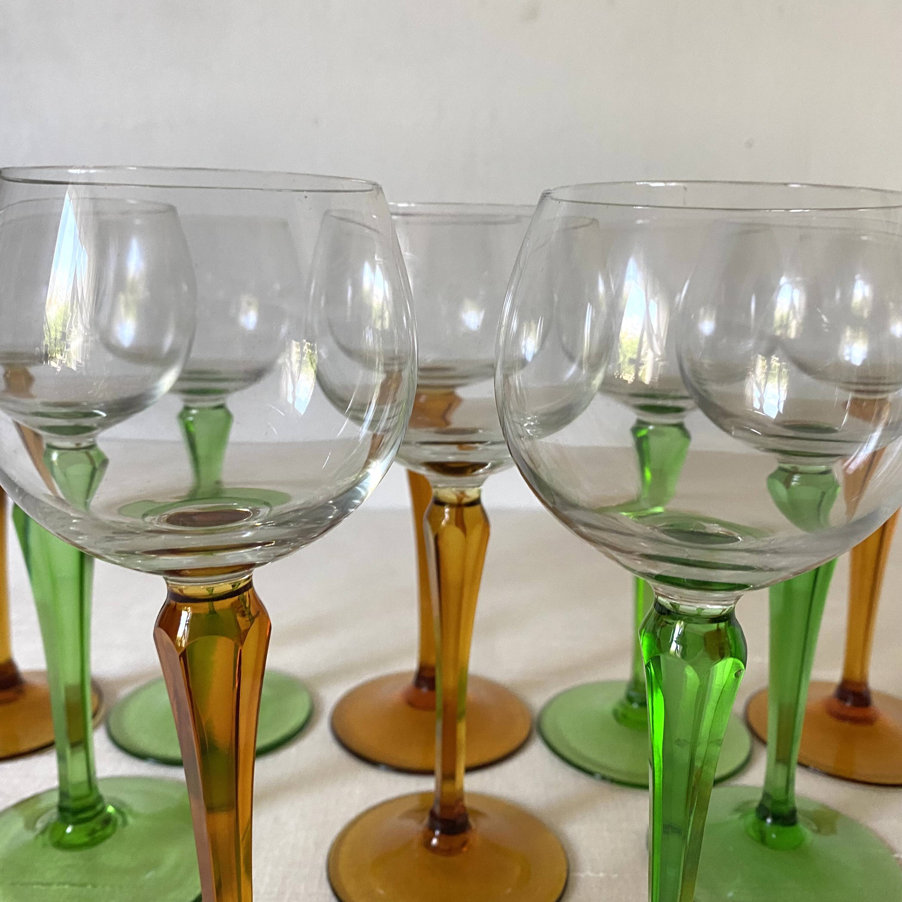 Vintage stemmed glasses, green or amber stem