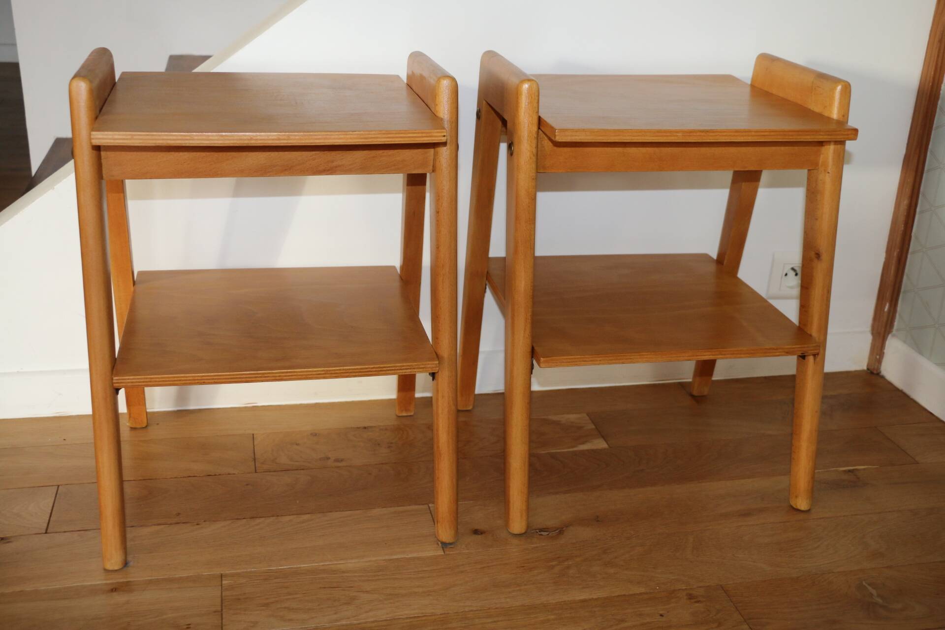 2 light oak bedside tables with two shelves from 1950.