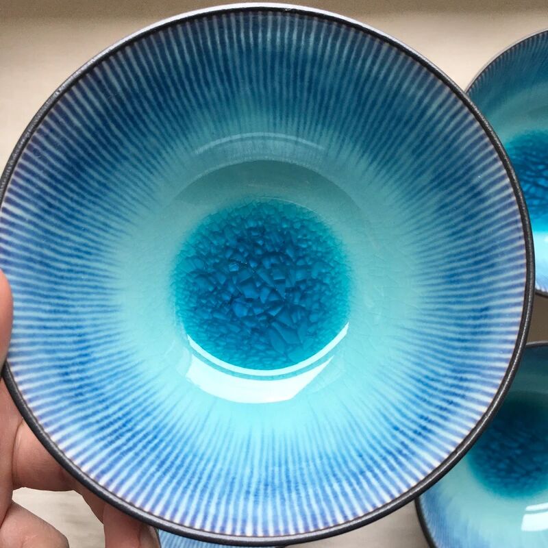 4 Bols en grès japonais émaillé turquoise Neufs