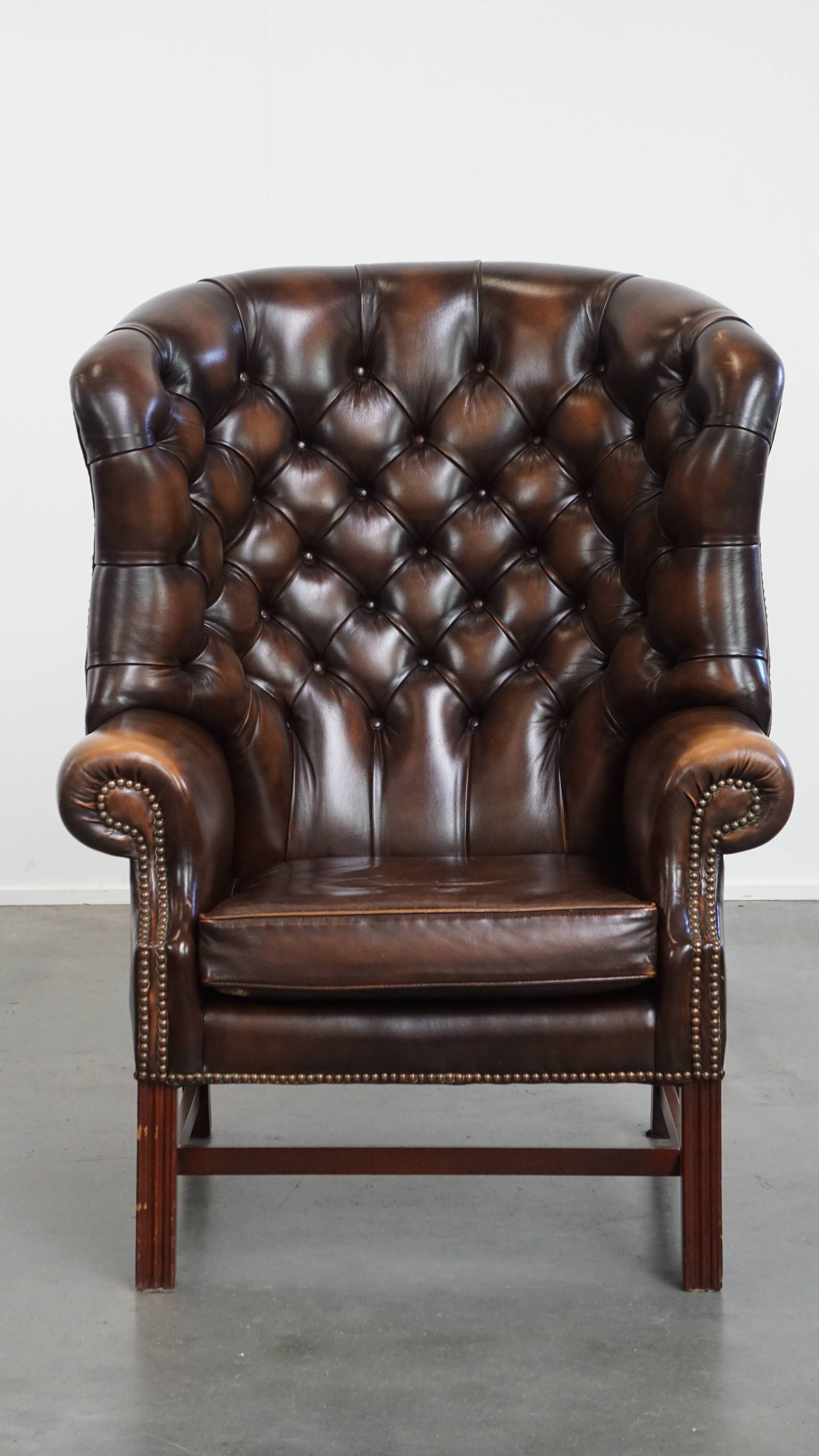Dark Brown Cowhide  Leather Chesterfield Wingback Chair