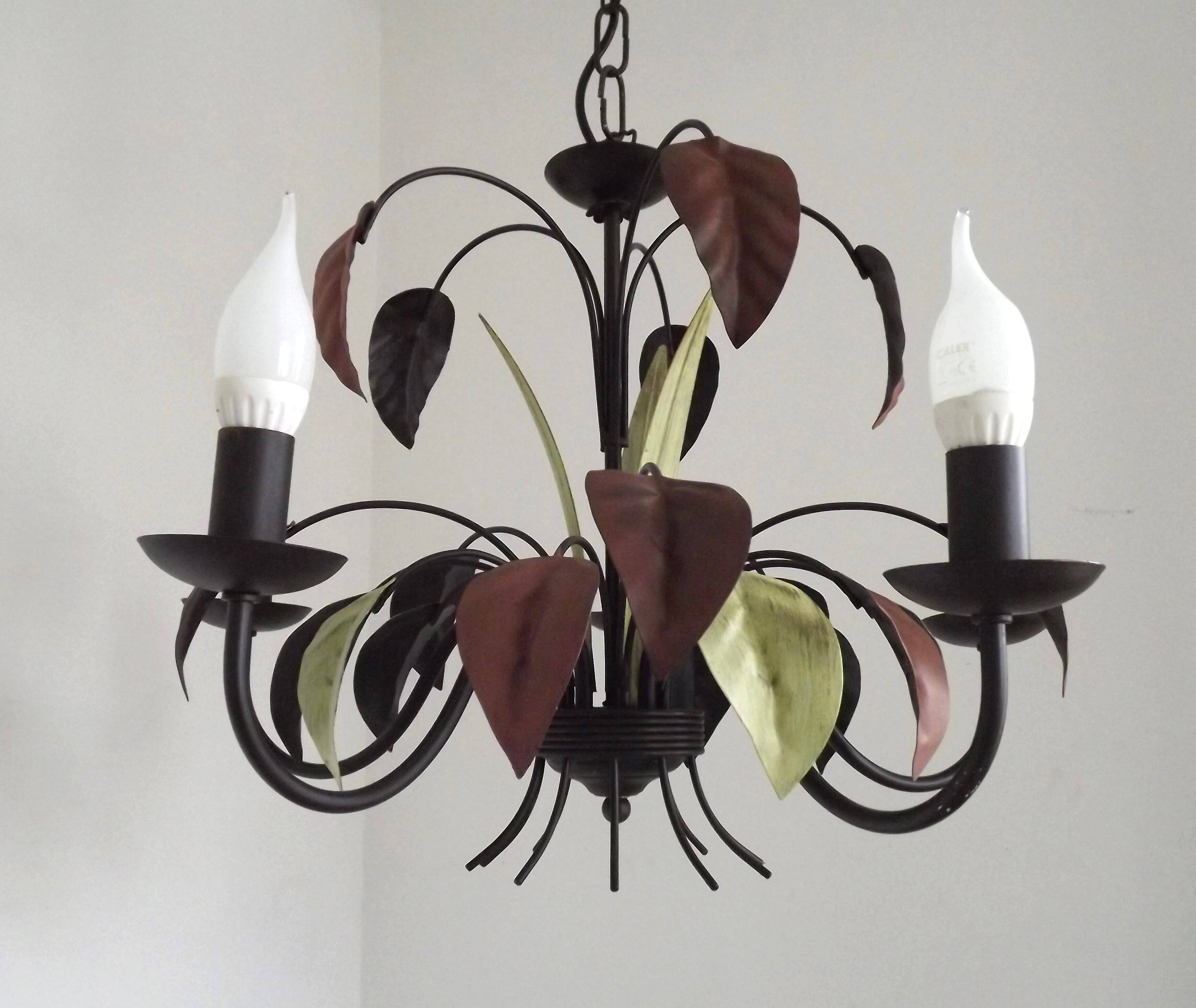 French Vintage 5 Light Brown & Green Tied Boquet Leaf Chandelier