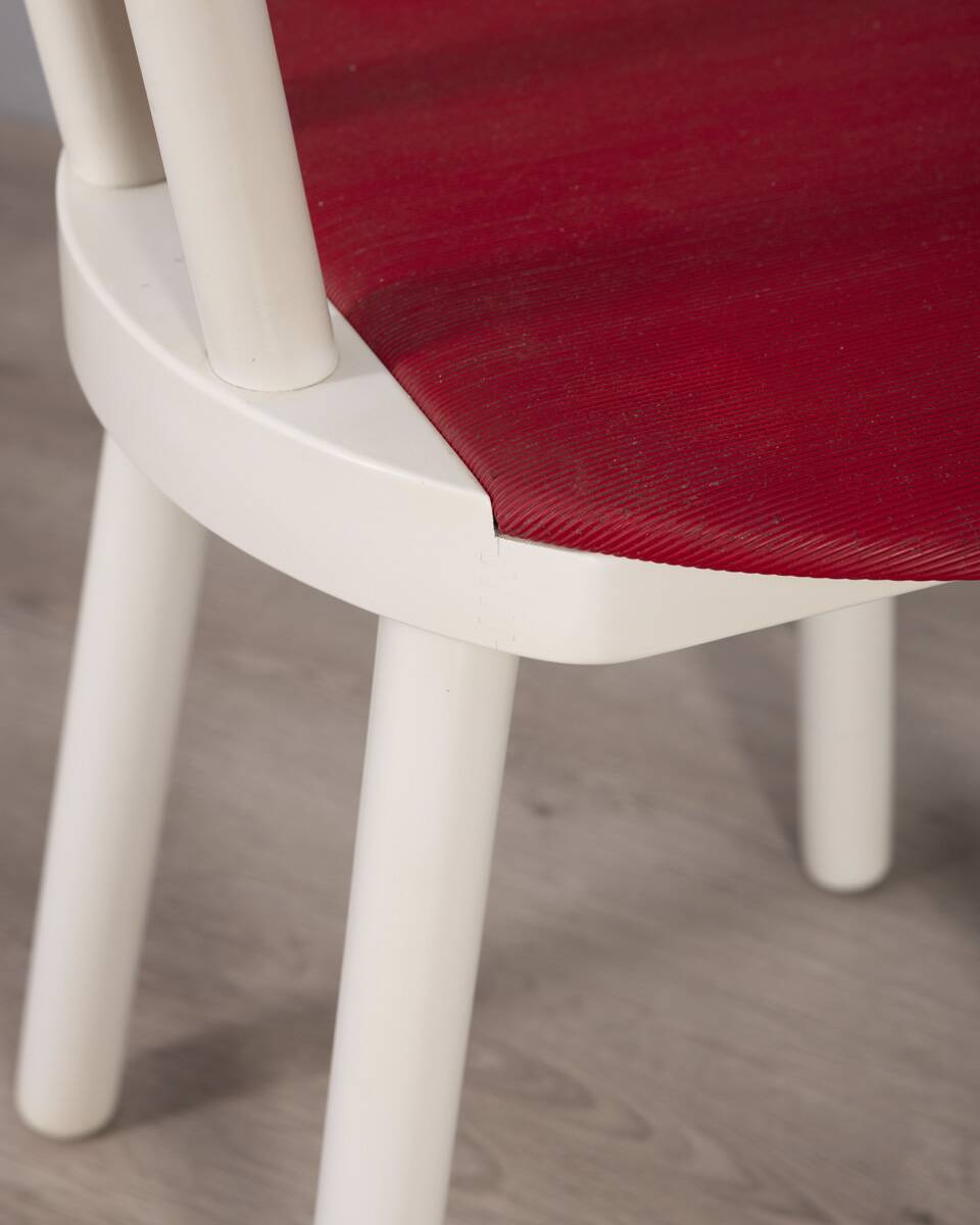 Set of 4 vintage 1980s chairs in wood and red vinyl, italian design