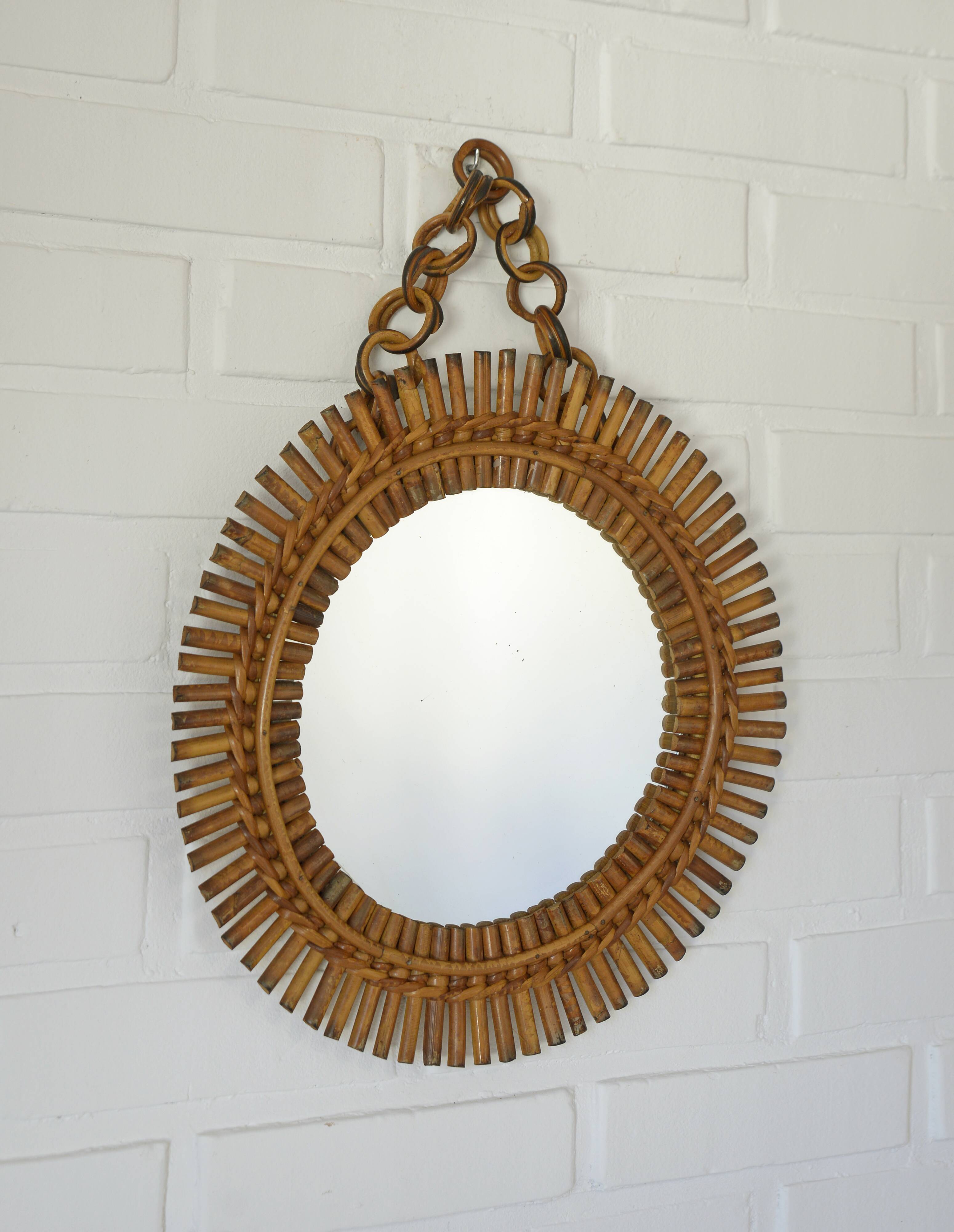 Vintage Bamboo Sunburst Wall Mirror / Mid Century Boho Decor 1970's