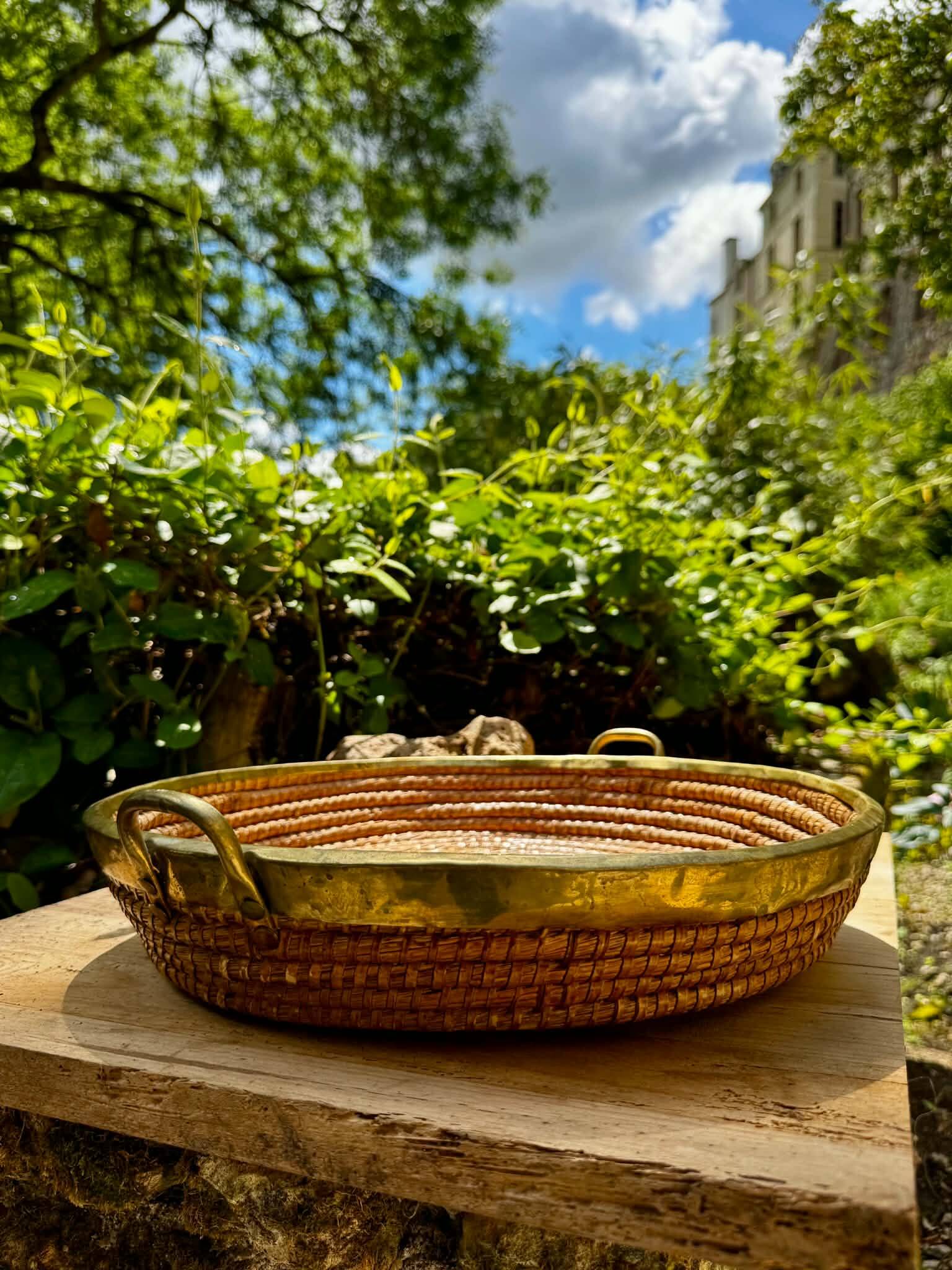 Wicker and brass table centrepiece in the style of Gabriella Crespi from the 1960s.