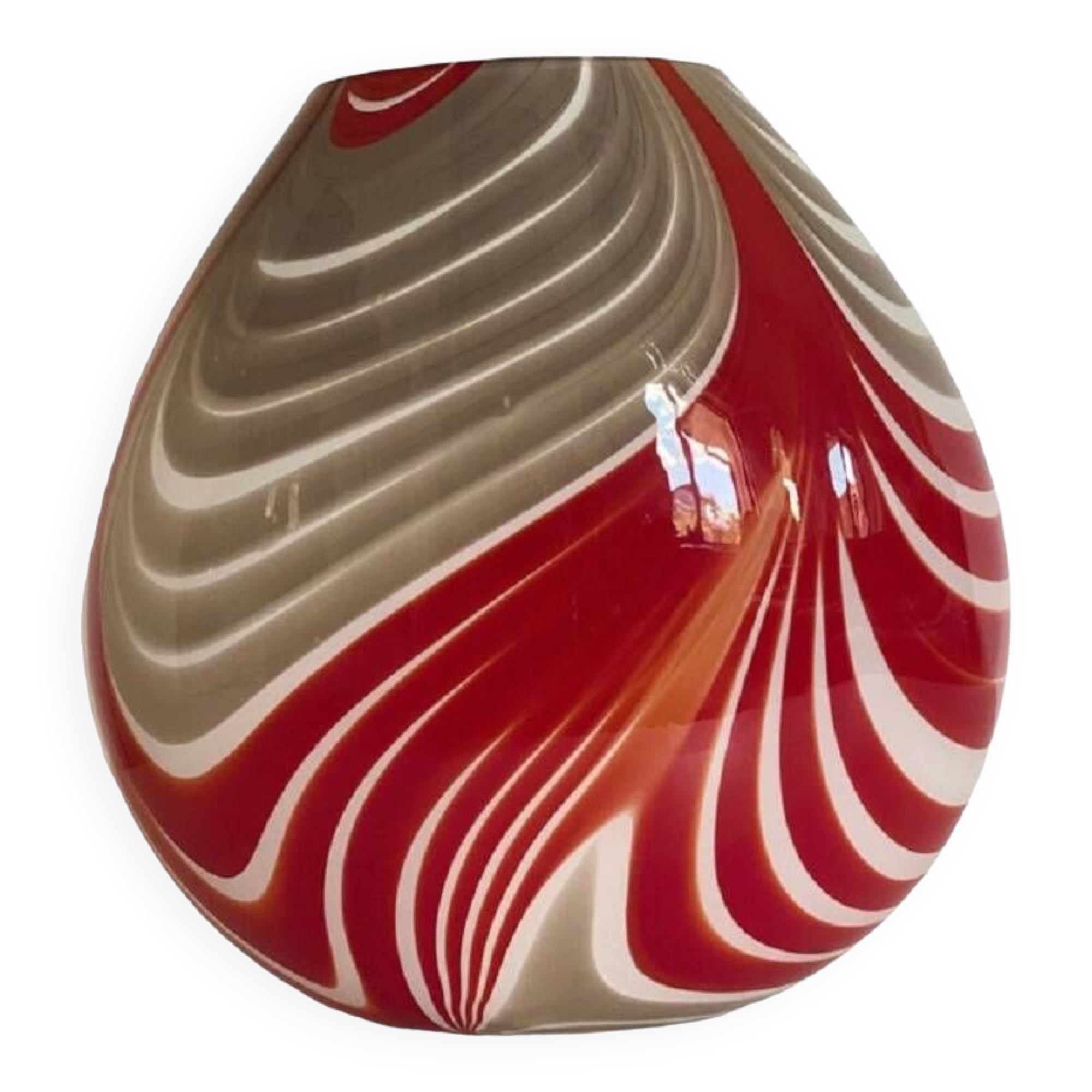 Contemporary abstarct vase in milky-white murano style glass with red and beige reeds