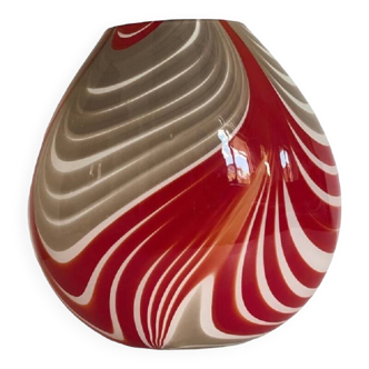 Contemporary abstarct vase in milky-white murano style glass with red and beige reeds