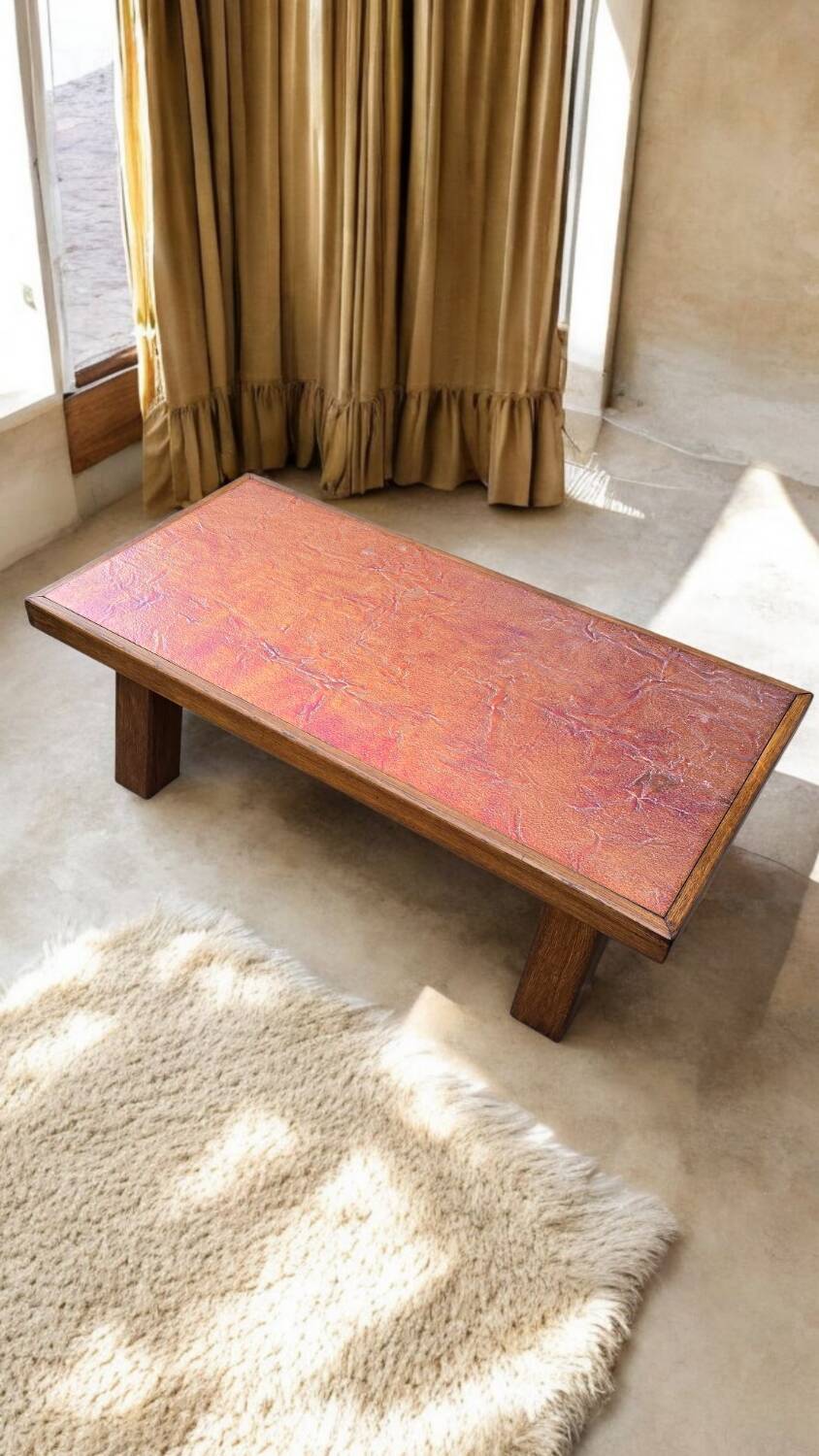 Table basse brutaliste bois et cuivre unique artisanale contemporaine