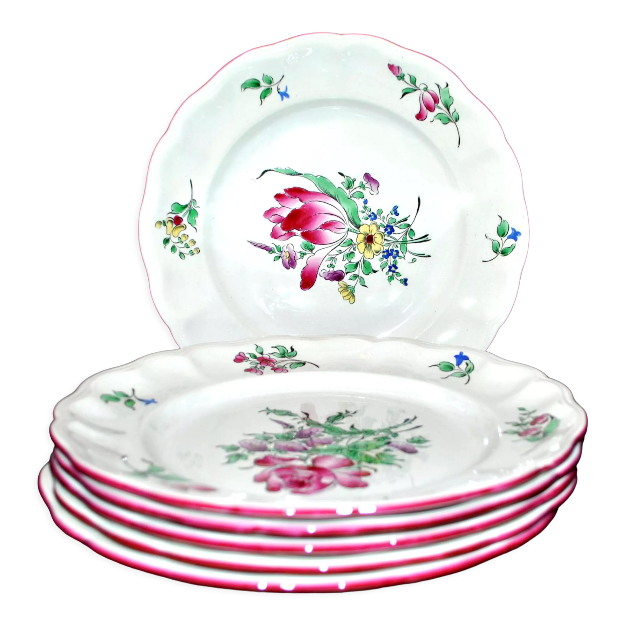 Série de 6 assiettes plates en faïence de Lunéville Keller&Guérin modèle fleuri polychrome Réverbère